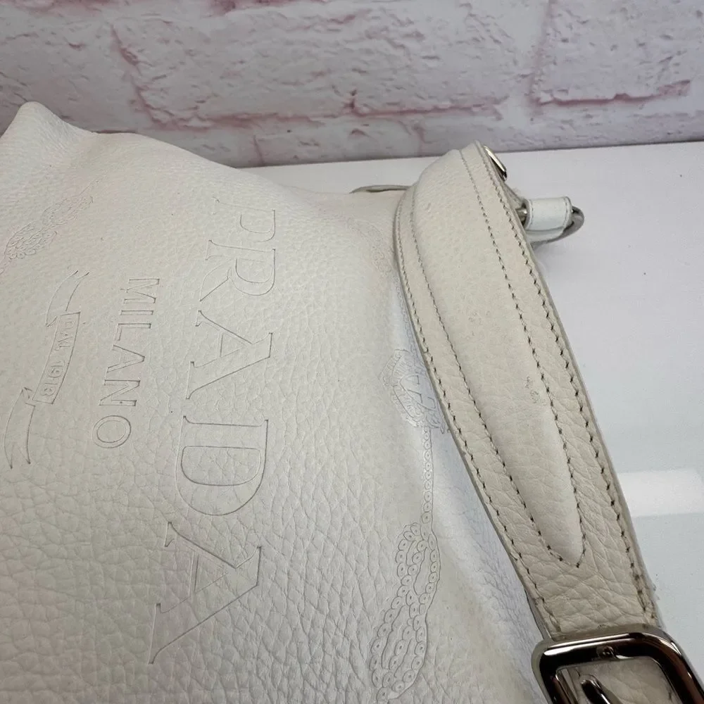 Prada Embossed Logo White Daino Vitello Shoulder Bag - Picture 9 of 15